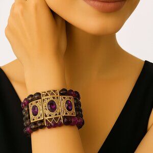 Gold-Tone Stretch Bracelet 7” – Elegant Colorful Stone & Beaded Women's Jewelry